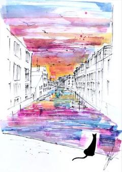原画#3814 黒猫 夕暮れ ベネチア 水彩画 ドローイング アート