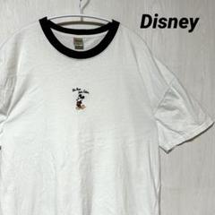 古着 ディズニー ミッキーマウス リンガー Tシャツ 刺繍 ミッキー 白/黒 M