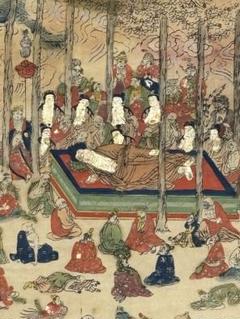 「東福寺涅槃像」明兆 彩色木版刷り １枚|釈迦涅槃図 江戸時代 仏教美術 木版画 東福寺涅槃像」明兆 彩色木版刷り 1枚|釈迦涅槃図 江戸時代
