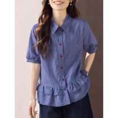 ブルー チェック レトロ＆ゆったり ブラウス おしゃれ度高め 切り替 ボタン