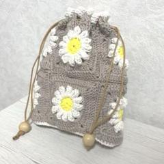 巾着袋　かぎ針編み　ハンドメイド　お花　モチーフ　バッグ　小物入れ　巾着ポーチ