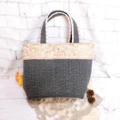 インド刺繍リボン×ヌビ　トートバッグ　ピンクベージュ×グレー