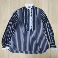 美品MUVEILストライプレースフリルブラウスネイビー税込35200円