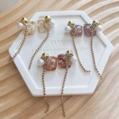 【A2】ドライフラワー 花 パール ゴールド ニュアンス ピアス イヤリング 淡