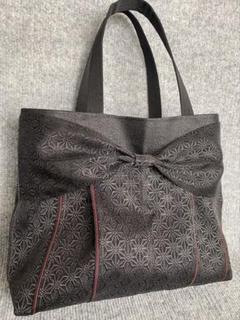 超軽量♡倉敷畳縁シンプルリボントートバッグ(麻の葉ブラック)