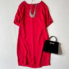 ローレンラルフローレン Ｖネックドレスワンピース 超美品 大きいサイズ 赤 高級 極美品 ローレンラルフローレン 大きいサイズ6 ひざ丈ドレス 金