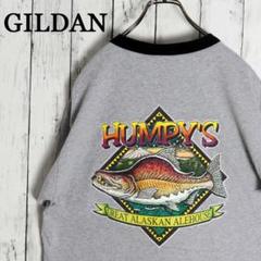 90s GILDAN　US企業ロゴ 魚 フィッシュプリント リンガーTシャツ