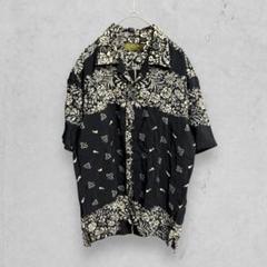 t1999【クリクラ】花柄オープンカラーシャツ　開襟　ブラック　メンズ