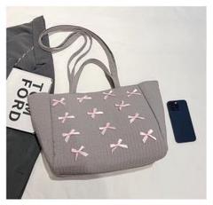 リボン ヌビバッグ 2way ハンドバッグ ショルダーバッグ　グレー