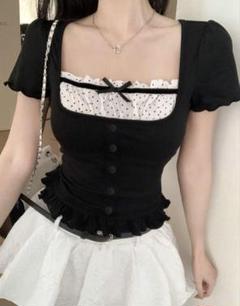 SHEIN ブラック ドット リボンレース付き 半袖トップス　Sサイズ