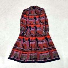ヴィンテージ レトロ 昭和 総柄 ワンピース レッド 切替え タック