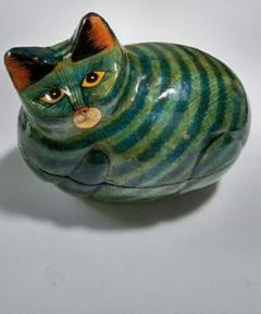猫型の置物 　青緑ストライプ