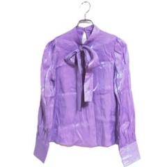 SHEIN 長袖ブラウス パープル XS ボウタイ 光沢サテン風 クラシカル