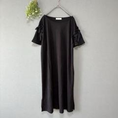 クチュールブローチ［L］極美品　なめらかレーヨン混　リボン付カットソーワンピース
