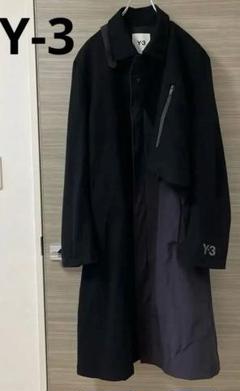 Y-3 ウール　ロングコート ガンパッチ　ナイロン　 チンストラップ Y-3 ウールロングコート ガンパッチナイロン チンストラップ