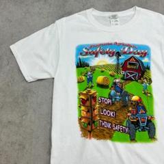 動物たちの農場イラスト　Safety Day　半袖Tシャツ　古着　ホワイト　S