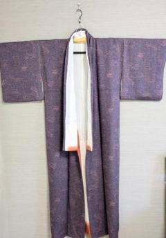 着物　袷　古典柄　花柄　藤色　朱色　小紋 アンティーク着物