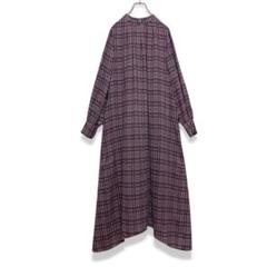 LAYMEE チェック柄ロングワンピース 長袖 リボンベルト グレー