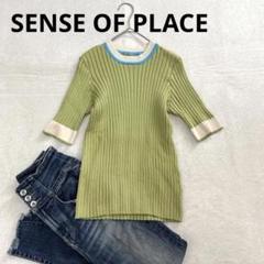 【SENSE OF PLACE】リブニットTシャツ ヤミドリ 配色ライン 5分