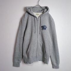 パーカー (S) ジップアップ バックプリント クマ グレー ネイビー 古着