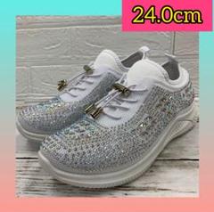 24.0cm レディース 新品 幅広 ビジュー付きスリッポン スニーカー 白
