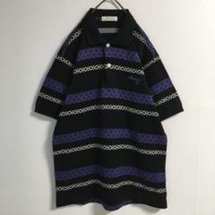 90s 古着 幾何学模様ボーダー ポロシャツ 半袖 メンズ 黒 紫 白 レトロ