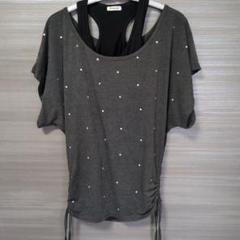Tシャツ ビーズ装飾 グレー ルーズフィットTシャツ タンクトップ付き