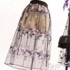 残り僅か★新品未使用！トレンドおしゃれな花柄刺繍 シースルー スカート パープルのサムネイル