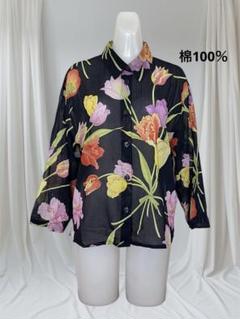 花柄 七分袖シャツ 紺 棉100%