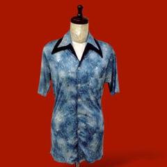 ◎昭和レトロ ポリシャツ ブラウス マーブルブルー半袖 70svintage
