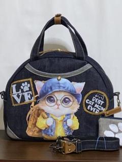 サマーセール☆岡山デニム☆トラ猫☆ステンシル☆4wayボストンバッグ