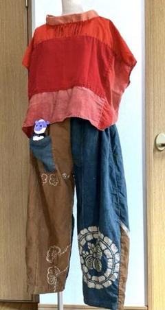 古布リメイク浅葱色入筒描バルーンパンツ 古布リメイク浅葱色入筒描バルーンパンツ