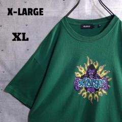 エクストララージ★レアデザイン プリント 刺繍ロゴ 半袖 Tシャツ 緑 XL