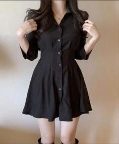 美品　シャツワンピース　Aライン　韓国　ブラック　ミニ丈