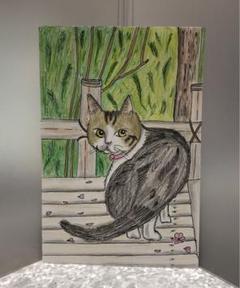 猫　ハンドメイド　イラスト　絵画　ポストカードサイズ　色鉛筆画