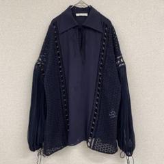 クロエ　ブラウス　クロシェニット　パフスリーブ　シルク　切替　ネイビー　34 クロエ ブラウス クロシェニット パフスリーブ シルク 切替