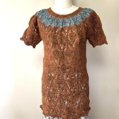 新品　手編みハンドメイド　オレンジとグリーンのレース編みセーター　チュニック