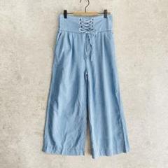 ハイウエストデニムパンツ/L/ワイド 薄手 シャーリング 編み上げ 脚長効果