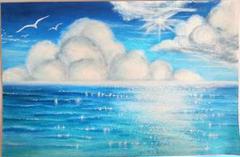 海の絵　風景画　海アート　パステル画　オイルパステル　絵画　アクリル画　雲の絵のサムネイル
