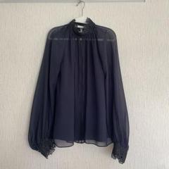 【ANAYI】シフォンジョーゼットレース襟 ブラウス　ネイビー38