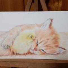 ひよこと猫ちゃん　アクリル画直筆 ひよこ仲良くなれる猫 ひよこと猫ちゃん アクリル画直筆 猫
