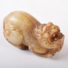 中国 玉石彫刻 獅子 神獣 根付 紙鎮 置物 C 7992E