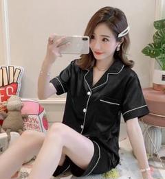 半袖 ショートパンツ パジャマ 部屋着 ルームウェア サテン 黒 セットアップ