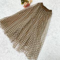 ★アンセリ★ロング チュールスカート【M】チェック ウエスト総ゴム 茶色 春夏秋