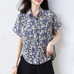 シャツ ブラウス 通勤 レトロ ゆったり プリント 折り衿 新品◎大人気