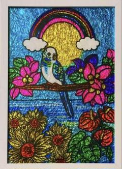 手書きイラストインコステンドグラスガラス絵の具アート開運絵画沖縄犬猫龍風景画