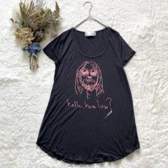 裾メロウプリントTシャツ 半袖 おじさん柄 個性的 テロン素材 ネオンロゴ