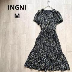 イング INGNI 黒地 ブラック 花柄 半袖シャツワンピース ロング M