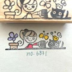スタンプ　☆sale☆ No. 6831じょうろを持った女の子と黒猫と小鳥と蝶のサムネイル