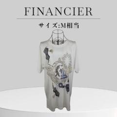 FINANCIER 装飾プリント 五分袖 Tシャツ ロング丈 M相当 ビジュー